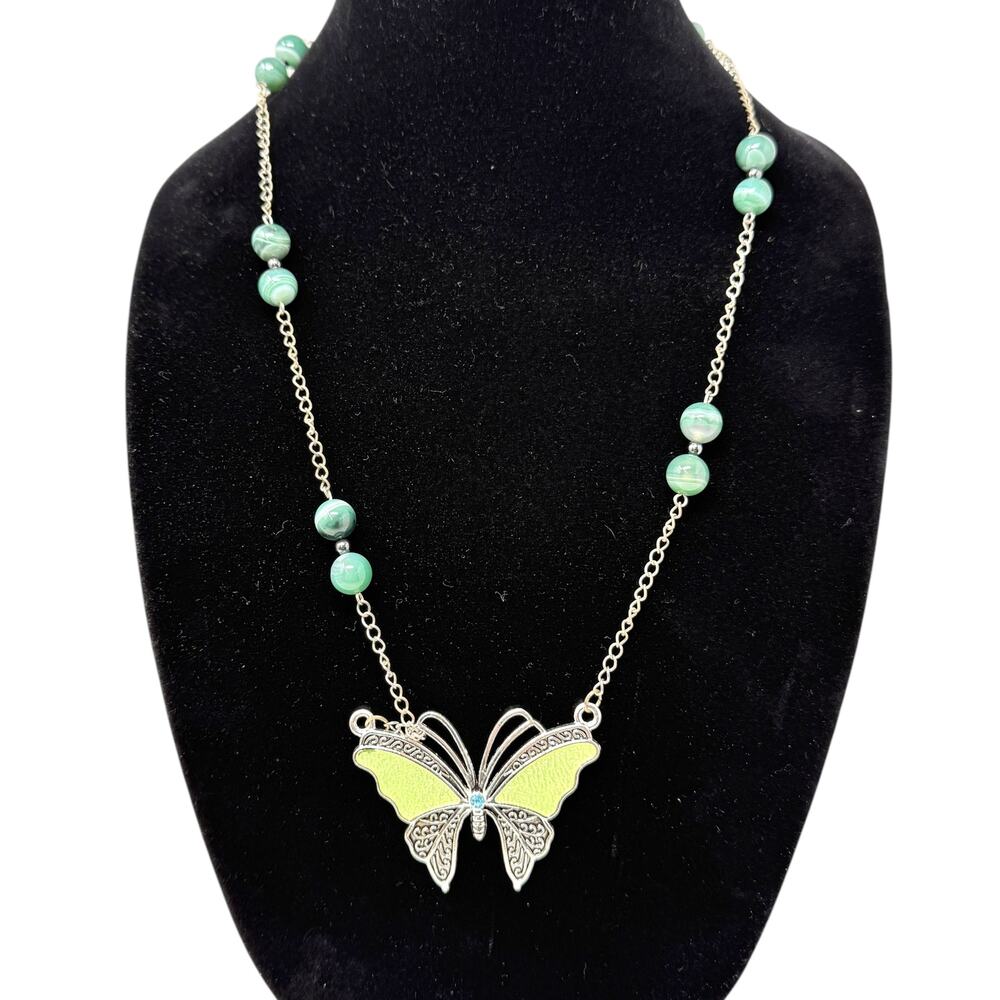 Vintage Y2K Enameled Butterly Silver Tone Necklace Green Beads 13"